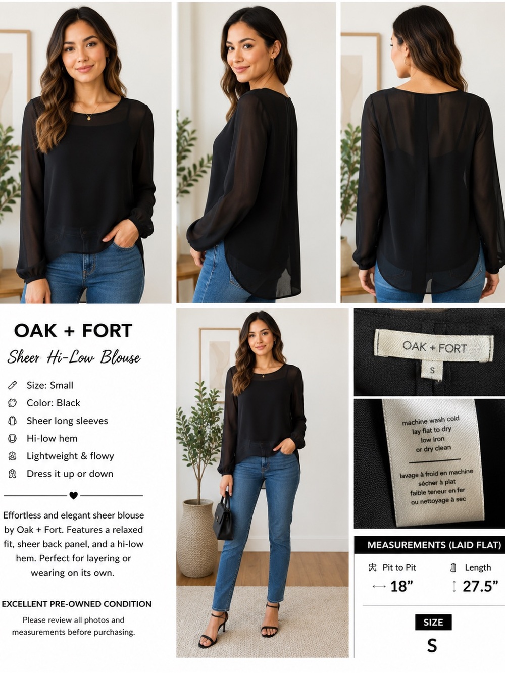 OAK + FORT Black Sheer Hi-Low Blouse Long Sleeve Minimalist Top Size S